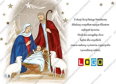 Maryja nad Dzieciątkiem w drewnianym żłobie, za nią Józef z kijem, po bokach owieczki, w tle ośnieżone drzewa i gwiazdki