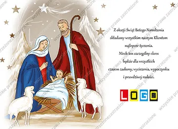 Maryja nad Dzieciątkiem w drewnianym żłobie, za nią Józef z kijem, po bokach owieczki, w tle ośnieżone drzewa i gwiazdki