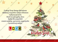 Trzy gile na drzewku zbudowanym z jodły, szyszek i jagód, na czubku czerwona gwiazda, tło kremowożółte