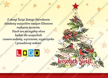 Trzy gile na drzewku zbudowanym z jodły, szyszek i jagód, na czubku czerwona gwiazda, tło kremowożółte