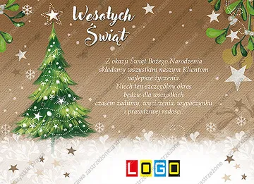 Zielone akwarelowe drzewko ze światełkami, jemioła w rogu i napis życzeń na karmelowym tle z białym pasem u dołu