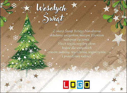 Zielone akwarelowe drzewko ze światełkami, jemioła w rogu i napis życzeń na karmelowym tle z białym pasem u dołu