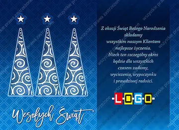 Trzy wąskie choinki z białymi spiralami i gwiazdkami na niebieskim tle w romby, obok granatowy panel