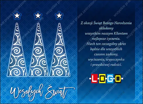 Trzy wąskie choinki z białymi spiralami i gwiazdkami na niebieskim tle w romby, obok granatowy panel