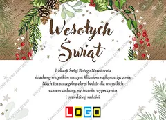 Półokrągła rama z gałązek sosny, szyszki i jagód wokół napisu na karmelowym tle, niżej biała część
