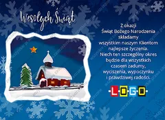 Obrazek w śnieżnej obwódce z kaplicą, zielonym drzewkiem i złotą gwiazdą na granatowym tle w śnieżynki