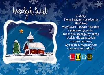 Obrazek w śnieżnej obwódce z kaplicą, zielonym drzewkiem i złotą gwiazdą na granatowym tle w śnieżynki