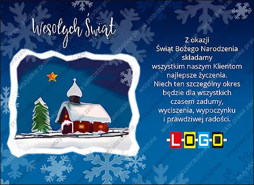 Obrazek w śnieżnej obwódce z kaplicą, zielonym drzewkiem i złotą gwiazdą na granatowym tle w śnieżynki