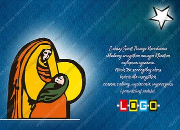Maryja w pomarańczowym płaszczu tuli Dzieciątko w zielonych pieluszkach na turkusowym tle z białą gwiazdą