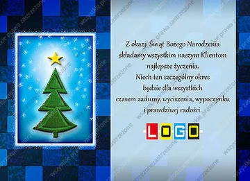 Drzewko w zieleni z żółtą gwiazdą na jasnoniebieskim tle w białej ramce, w tle kwadraty w odcieniach błękitu