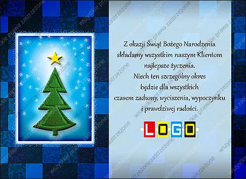 Drzewko w zieleni z żółtą gwiazdą na jasnoniebieskim tle w białej ramce, w tle kwadraty w odcieniach błękitu