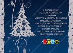 Srebrna ząbkowana choinka z granatowymi bombkami i spiralami na granatowym tle z oszronionymi srebrnymi pasami