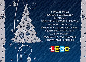 Srebrna ząbkowana choinka z granatowymi bombkami i spiralami na granatowym tle z oszronionymi srebrnymi pasami