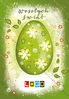 Duża limonkowa pisanka w białe i żółte kwiatki na zielonym tle z jasną poświatą, u góry odręczne życzenia