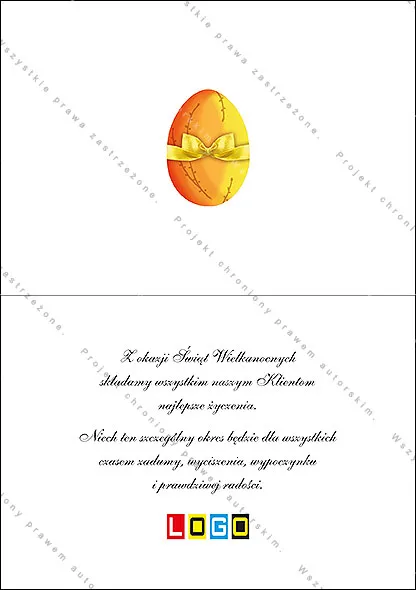 Jajo w gradiencie od żółci do pomarańczu z satynową kokardą, na dole pomarańczowy pas z ciemnoczerwonym napisem życzeń