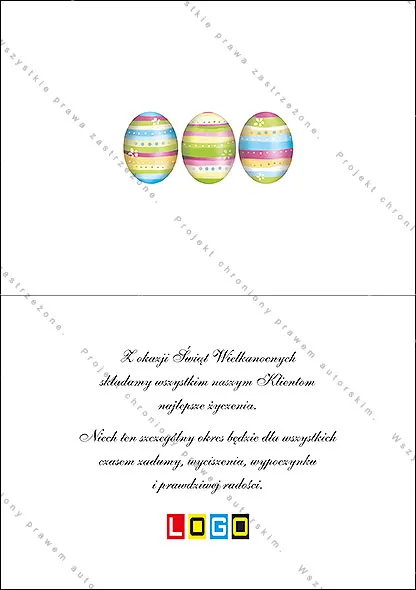 Trzy jajka w pastelowych smugach w rzędzie, pod nimi wstęga z liści i napis życzeń małymi literami