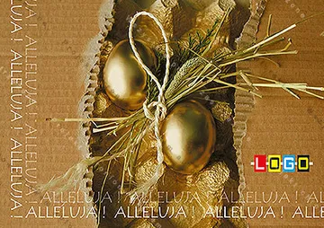 Dwa jajka w kolorze złota z siankiem i jutowym szpagatem na kartonowej fakturze, w tle wytłoczone „ALLELUJA!”