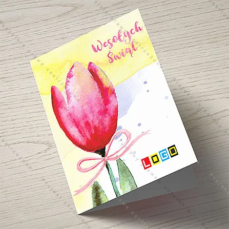 Malinowo-różowy tulipan w akwareli z przezroczystą kokardką i zielonymi liśćmi na tle żółtych i białych plam
