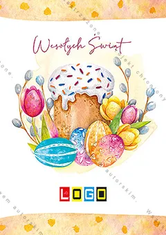Akwarelowa babka z lukrem pośród kolorowych jajek, za nią różowy tulipan i gałązki bazi, u góry i dołu pomarańczowe pasy