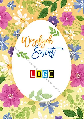 Biały pionowy owal z dwukolorowym napisem życzeń na gęstym kwiatowym wzorze w różach i fioletach na żółtym tle