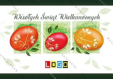 Kwadratowe kadry z pomarańczowoczerwonymi i czerwonym jajkiem na zielonej akwareli pod zielonym napisem życzeń