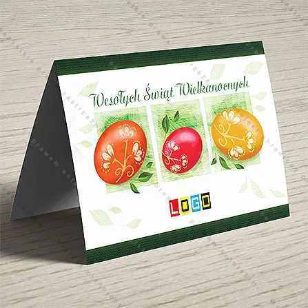 Kwadratowe kadry z pomarańczowoczerwonymi i czerwonym jajkiem na zielonej akwareli pod zielonym napisem życzeń