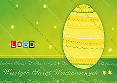 Zielony gradient z żółtymi punktami, duże jajo po prawej, pole na logo po lewej i pas z powtarzanym napisem życzeń