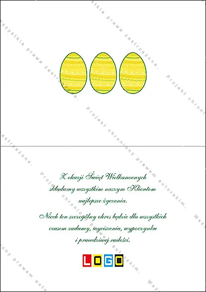 Zielony gradient z żółtymi punktami, duże jajo po prawej, pole na logo po lewej i pas z powtarzanym napisem życzeń