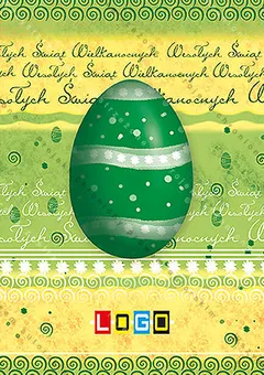 Ciemnozielone jajo ze srebrzystymi paskami na limonkowym tle zapisanym jasnym kaligraficznym napisem życzeń, niżej żółty pas