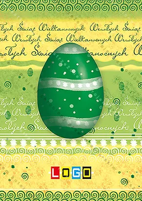 Ciemnozielone jajo ze srebrzystymi paskami na limonkowym tle zapisanym jasnym kaligraficznym napisem życzeń, niżej żółty pas