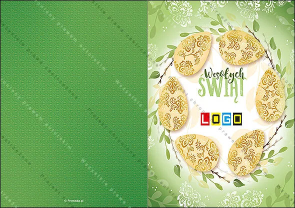 Okrąg z sześciu złotobeżowych jaj w koronkowe wzory z gałązkami bazi, w środku ciemnozielony napis życzeń