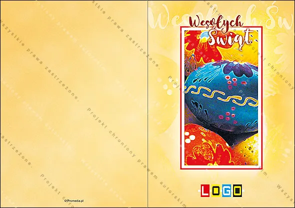 Pionowa fotografia niebieskiego jaja i jaj w ciepłych barwach w czerwonej ramce, nad nią biały napis życzeń