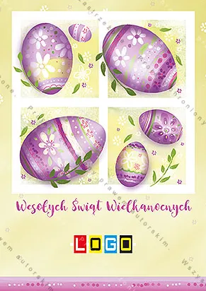 Biały kwadrat z czterema polami, w nich fioletowe jaja w paski i kropki na kremowożółtym tle, pod nim różowy napis