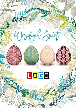 Akwarelowa rama z gałązek i liści wokół czterech pastelowych jaj w ornamenty, nad nimi turkusowy ręczny napis