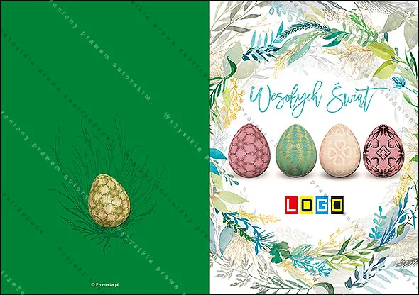 Akwarelowa rama z gałązek i liści wokół czterech pastelowych jaj w ornamenty, nad nimi turkusowy ręczny napis
