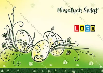 Jaja i gałązki narysowane cienką czarną kreską z bladożółtą akwarelą na zielonej łące przechodzącej w kremową biel