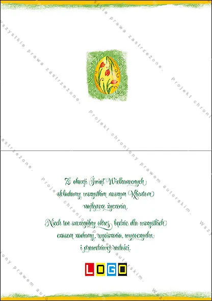 Trzy jaja z czerwono-pomarańczowymi tulipanami na zielonych plamach akwareli na żółtym tle, po bokach dwa życzenia