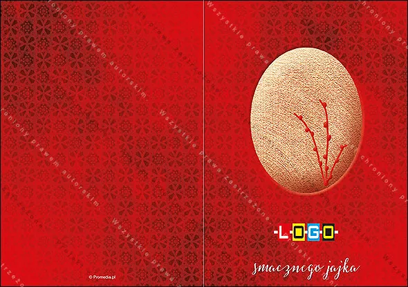 Łososiowobeżowe jajo z czerwoną gałązką bazi na czerwonym tle, pod nim logo i biały napis smacznego jajka