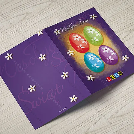 Wnętrze rozłożonego karnetu z wolną stroną na życzenia od firmy i logo