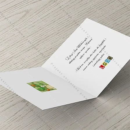 Po lewej kwadratowy wycinek grafiki z frontu, po prawej miejsce na życzenia i logo