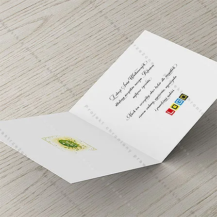 Po lewej mały kwadrat z miniaturą frontu, a prawą połowę zostawiono pustą pod życzenia i logo
