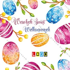 Akwarelowe jajka z wzorami pasków, plamek i serduszek otaczają biały środek z bordowo-granatowym napisem życzeń