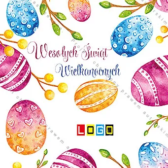 Akwarelowe jajka z wzorami pasków, plamek i serduszek otaczają biały środek z bordowo-granatowym napisem życzeń