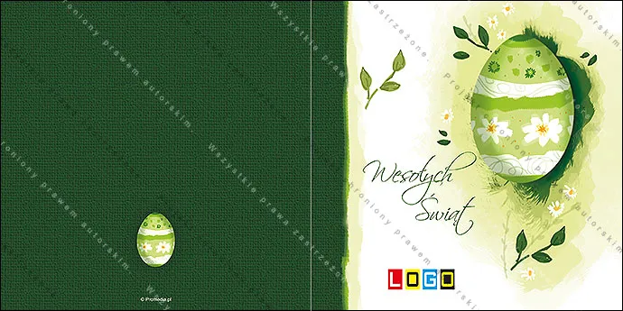 Jasnozielone jajko w pasy ze stokrotkami na limonkowej plamie, po lewej szeroki butelkowozielony pas