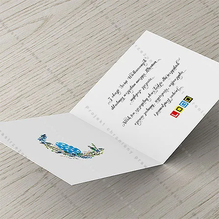 Po lewej gałązka z jajkiem, po prawej tekst życzeń i miejsce na logo