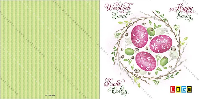 Wianek z bazi z różowymi i zielonymi jajkami, w narożnikach napisy „Wesołych Świąt”, „Happy Easter” i „Frohe Ostern”