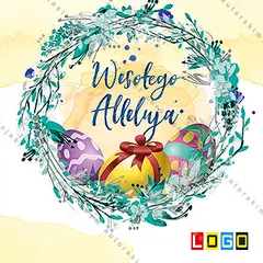 Turkusowy wianek z czarnych gałązek wokół fioletowego, żółtego i morskiego jajka z napisem „Wesołego Alleluja”