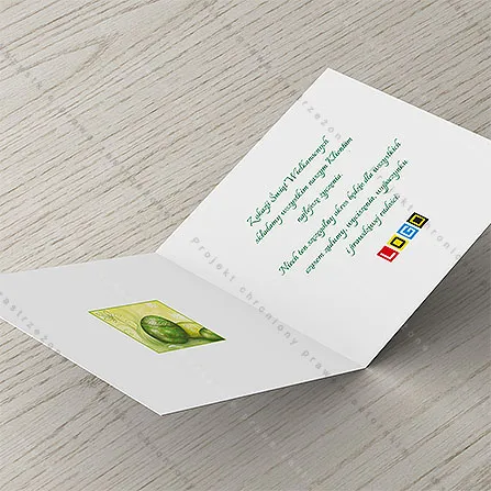 Wnętrze karnetu: po lewej kwadrat z grafiką pisanek, po prawej życzenia pisane zielenią