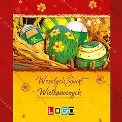 Fotografia słomianego koszyka z malowanymi pisankami i złotym frędzlem w czerwonej ramie, dół frontu żółty