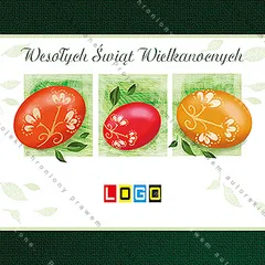 Trzy pisanki w czerwieni, karminie i pomarańczu w kwadratowych zielonych ramkach między ciemnozielonymi pasami na bieli